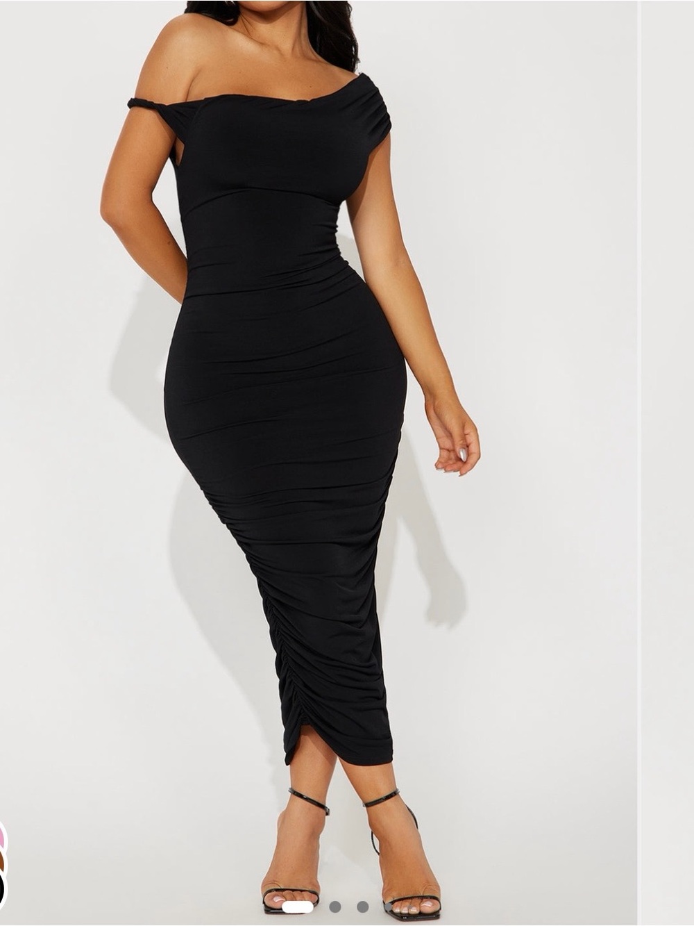 Fashion Nova Off-Shoulder Ruched Black Midi Dress